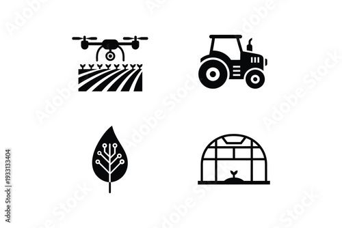 Smart Farming Technology Silhouette Icon Set - Agriculture Drone and Tractor Black and White Artwork