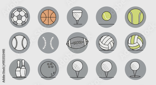 Collection of Sports Balls and Equipment Icons in Circles on Gray Background