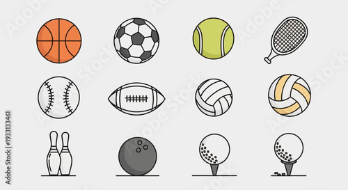 Collection of Sports Balls and Equipment Icons on a Light Background