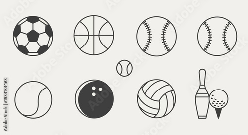 Collection of sports balls and equipment icons on a light background