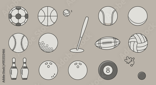 Collection of Sports Balls and Equipment Icons on a Neutral Background