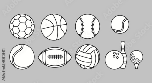 Collection of Sports Balls and Equipment Icons on Gray Background