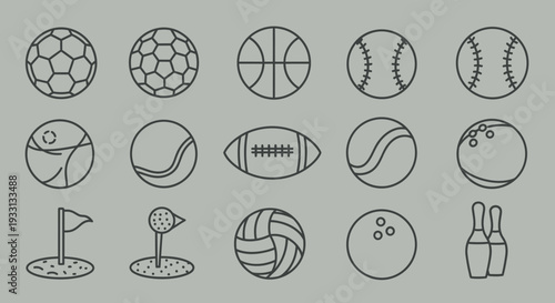 Collection of Sports Balls and Equipment Icons on Gray Background