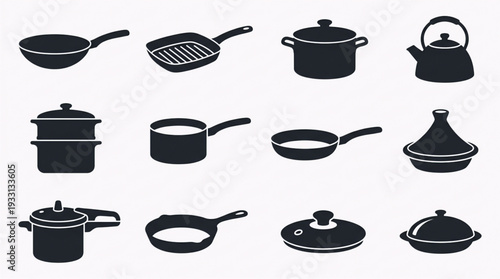 Essential kitchen cookware and culinary utensil icon set, featuring various pots, pans, and kettles for cooking concepts and designs