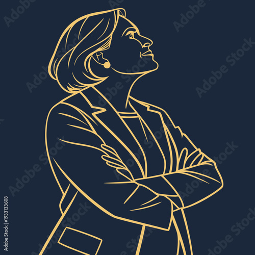 Confident Businesswoman Silhouette Vector with Structured Blazer in Minimal Gold Line Art