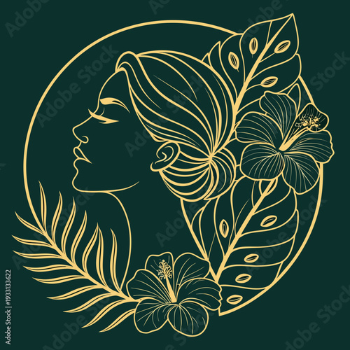 Gold Line Art Female Profile Vector with Monstera and Hibiscus Flowers on Dark Emerald Background