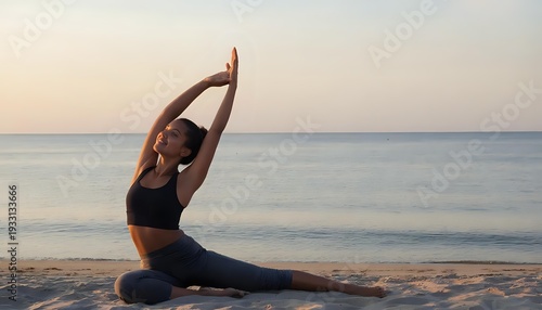 A carefree, beautiful Latina woman relaxing on the beach stretching, extending her arms against the backdrop of a vanilla sunset. Artistic photo shoot.