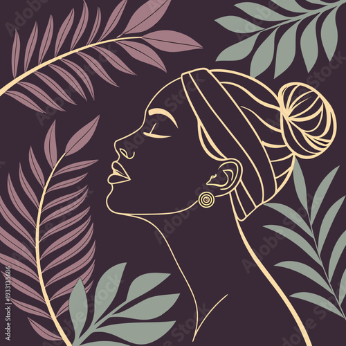 Modern Luxury Women’s Day Vector with Abstract Female Figure in Gold Monoline and Oversized Tropical Foliage