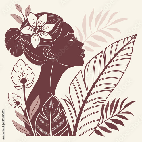 International Women’s Day Luxury Botanical Vector Poster with Feminine Side Profile in Layered Tropical Leaves and Orchids
