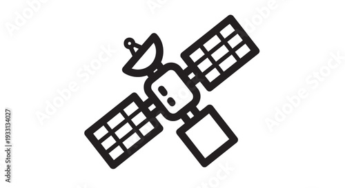 Black line vector graphic illustration of an orbiting communication satellite with large solar panels