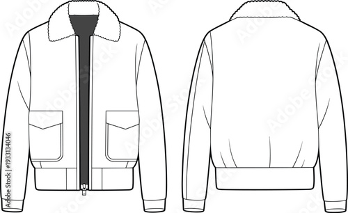 Light Gray Jacket with Black Zipper and Two Front Pockets Shown from Front and Back View shearling collar