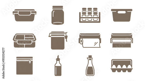 A comprehensive collection of kitchen storage icons for efficient food preservation and home organization solutions