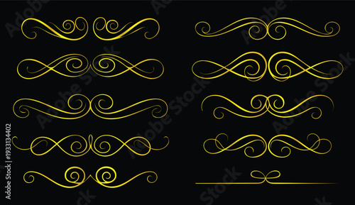 Collection of intricate golden swirling patterns on a dark background