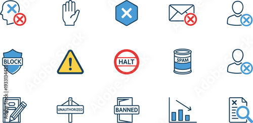 Security, Block, Spam, Banned, Warning, Protection, Prohibited, Halt, Unauthorized, Alert, Restriction, Privacy, Firewall, Cybersecurity, AccessDenied, Safety, Error, Control, Moderation, Verification