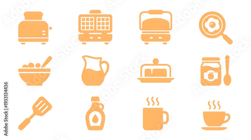 Essential Breakfast Icons Collection Tools, Foods, and Beverages for Morning Meals and Culinary Designs
