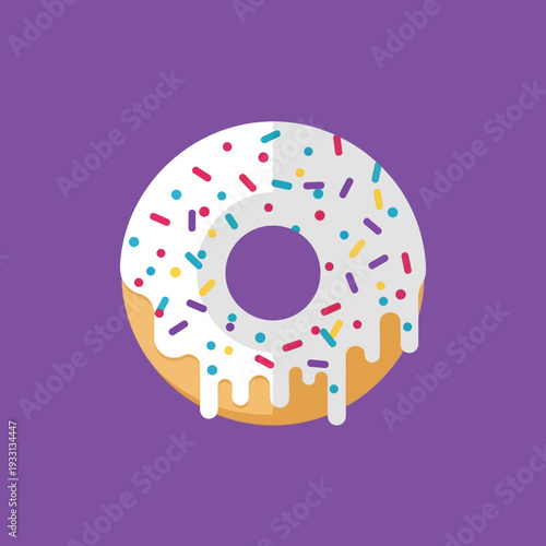 Sweet Donut with White Icing and Colorful Sprinkles on Purple Background