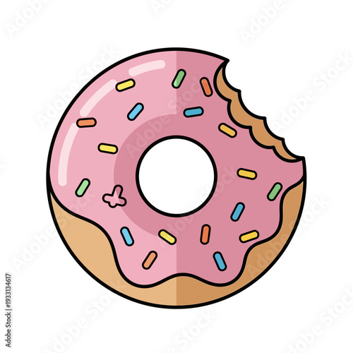 Bitten Pink Frosted Donut with Colorful Sprinkles - Delicious Sweet Treat Icon