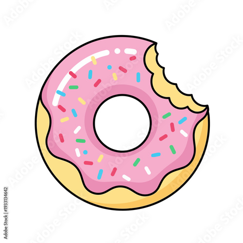 Bitten Pink Frosted Donut with Colorful Sprinkles, Sweet Treat Icon