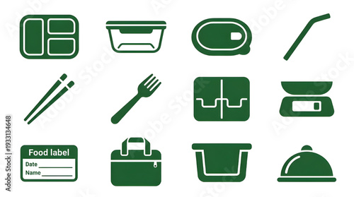 Vector icon set showcasing a variety of food preparation, serving, and storage solutions for everyday use