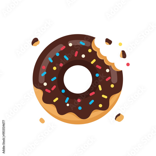 Chocolate Donut with Sprinkles, Bitten, Delicious Pastry, Sweet Treat, Isolated on White