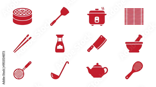 Set of Vector Icons Featuring Asian Culinary Equipment and Essential Kitchen Utensils for Diverse Cooking Needs