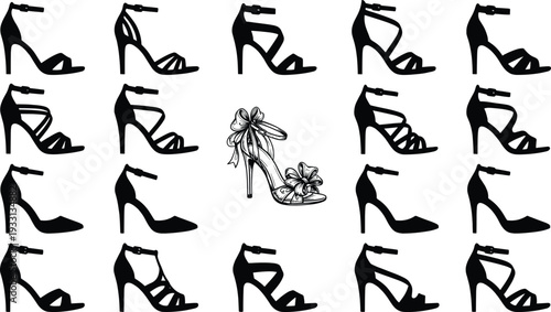 Elegant collection of black silhouette icons strappy high heel sandals with ankle straps buckles bows and floral embellishments stylish women's fashion footwear vector set for summer glamour