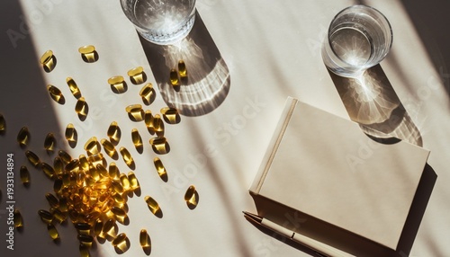 Natural light composition featuring supplements clear drinking glasses a pen and a notepad on a textured beige surface for health and wellness visuals