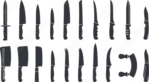 Collection of 16 knife silhouettes featuring chef, combat, utility, cleaver, paring, Santoku, bread, fillet, and hunting designs for culinary, kitchen, and creative illustration projects