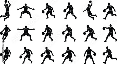 Collection of 18 basketball player silhouettes in dynamic action poses including dribbling, shooting, passing, defending, and running for sports illustration and creative design projects