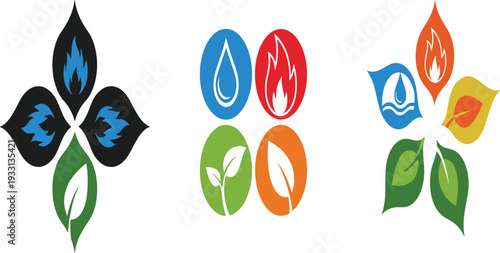 Natural Elements and Eco Energy Icon Set with Water Fire Air Earth Leaf Symbols Environmental Protection Flat Vector Collection