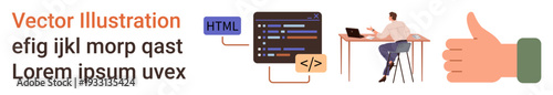 Web development, programming tutorials, software coding, education, IT training, teamwork. Visual shows coding elements, a person working on a laptop and a thumbs-up gesture. Web development