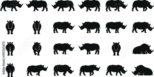 Collection of 25 rhinoceros silhouettes in diverse poses including side, front, rear, and resting views for wildlife illustration, anatomy study, and creative design projects