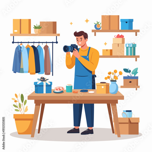 Playful cartoon man with camera photographing a cluttered items table of food, mugs, vase, and plants in a bright studio setting, viewed from a front angle with whimsical sparkles and colorful details