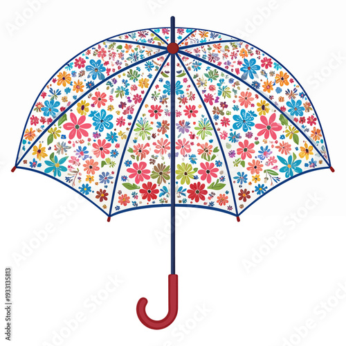 Close-up perspective of an open umbrella featuring a vibrant floral pattern, blue frame and red curved handle, showcased against a plain white studio backdrop, photographed from above