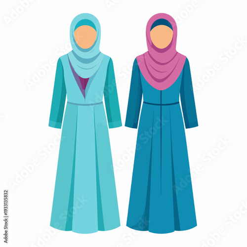 Side‑by‑side portrait of two women in modest hijabs and colorful dresses, captured from a frontal viewpoint, showcasing cultural identity and elegant pastel fashion in a clean white studio setting