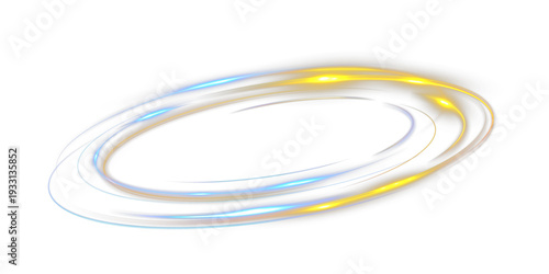 Golden and blue glowing speed light ring swirl isolated on black background
