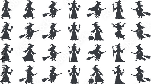 Collection of 30 witch silhouettes in varied poses including broomstick flying, spell casting, potion making, and cauldron rituals for Halloween, fantasy, and magical design projects