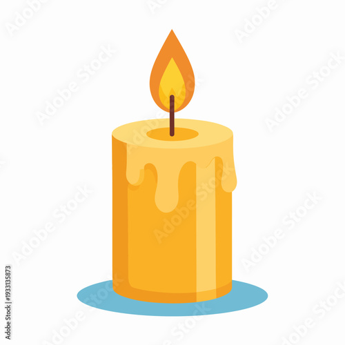 A brightly lit candle burning in a minimalist white studio, illustrated from a frontal viewpoint, showcasing melting wax drips and vibrant flame in a simple cartoon style