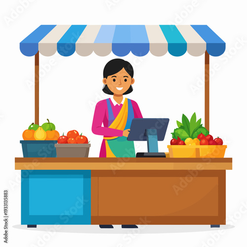 Cheerful cartoon woman with a smile standing behind a vibrant fruitstand filled with assorted fruits and vegetables, captured from a frontal view in a bright market stall illustration