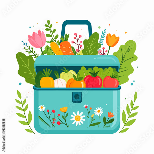 Cheerful cartoon illustration showing a teal lunchbox overflowing with vibrant flowers and fresh vegetables, captured from a front‑on perspective, highlighting playful design in a clean studio setting