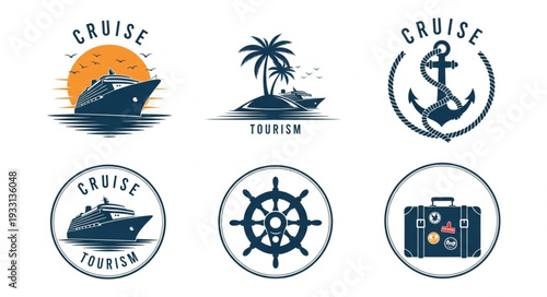 Cruise ship travel logos and symbols for vacation and tourism industry.
