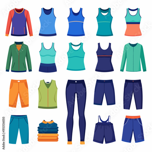 Dynamic catalog showcase featuring athletic activewear tanktops, long‑sleeve shirts, leggings and shorts displayed on a white backdrop, captured from a top‑down photography perspective