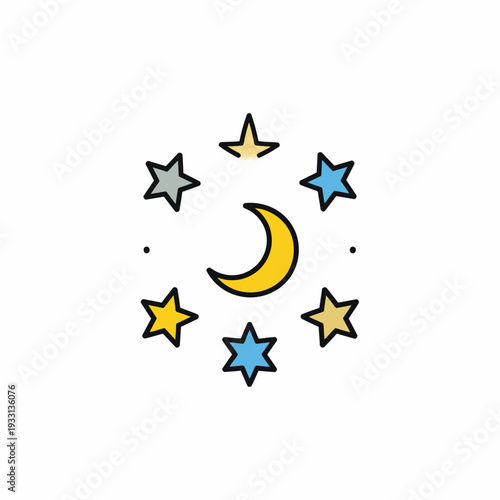 Whimsical Nighttime Illustration Featuring a Yellow Crescent Moon Encircled by Five Colorful Stars in a Dreamy Sky, Viewed from a Central Perspective for Logo and Icon Use