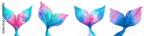 Watercolor mermaid tails displaying various fin shapes and vibrant pink and blue hues, creating a whimsical and dreamy fantasy illustration for mythical themes and underwater designs