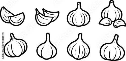 Garlic bulb and clove line icon collection with whole heads, peeled segments and slices outline vector set