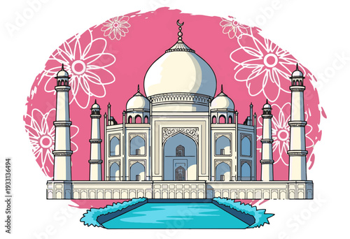 Stunning illustration of the Taj Mahal with beautiful floral background
