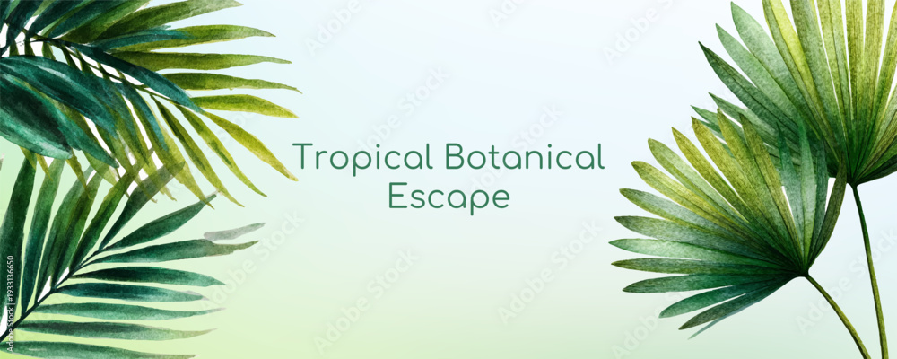 Naklejka premium Lush watercolor painted palm leaves elegantly framing a light green and white gradient background, evoking feelings of tropical nature, relaxation, and summer holidays