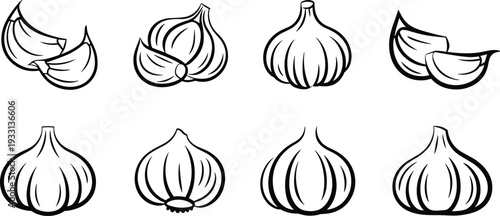 Garlic clove and bulb line icon collection with whole heads, peeled segments and slices outline vector illustration set