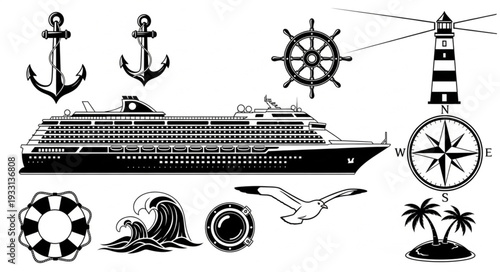 Cruise ship and nautical elements illustration, perfect for travel and adventure themes.