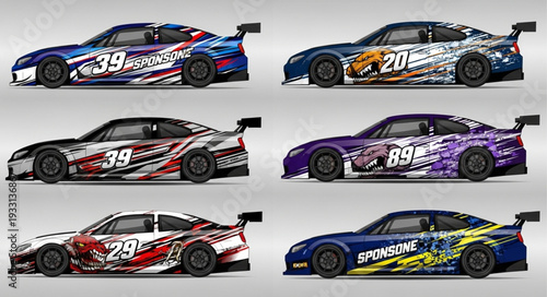 Six colorful race cars with unique designs and numbers on display.